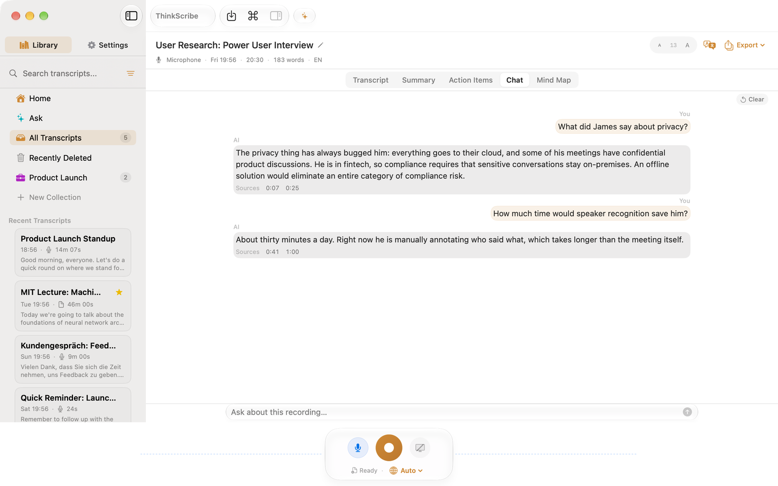 ThinkScribe su Mac: la scheda Chat che risponde a una domanda su un'intervista, con le fonti