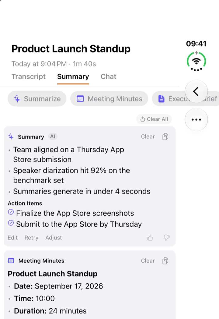 A recording's Summary on the outer display of iPhone Duo, with the Transcript, Summary and Chat tabs at the top