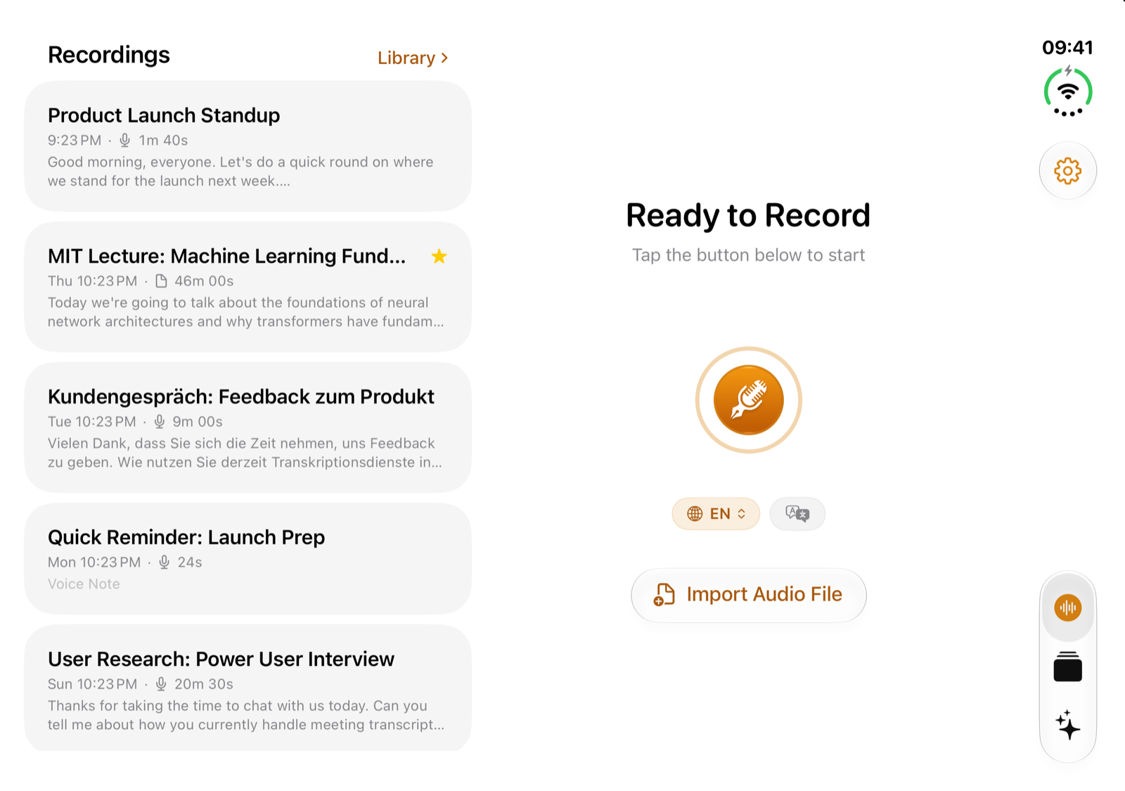 The ThinkScribe Record screen on the inner display of iPhone Duo, with recent recordings on the left and the Record button on the right