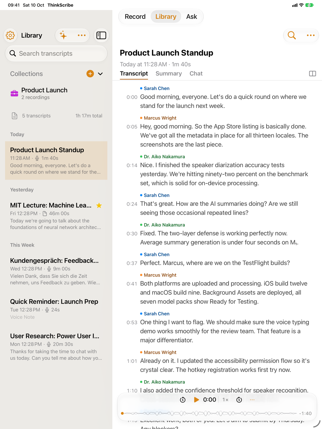 ThinkScribe on iPad with the Library list beside an open transcript with speaker names