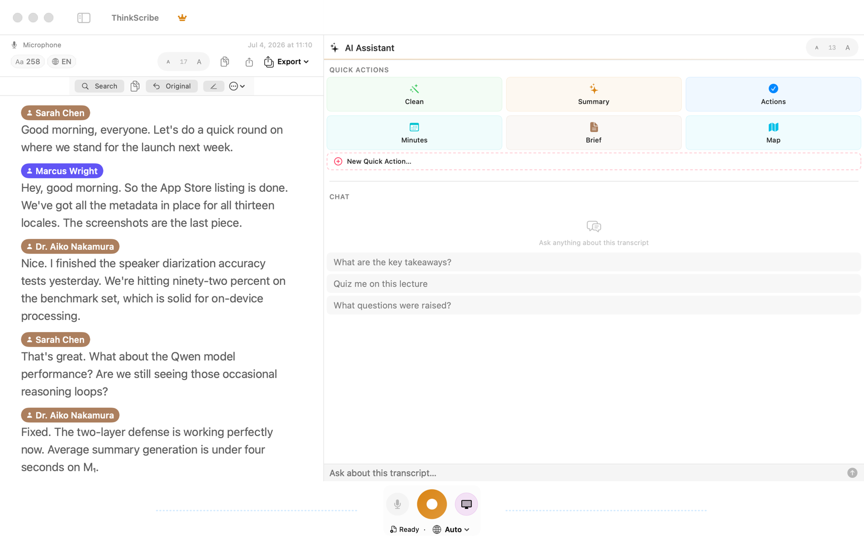 ThinkScribe transcript and AI assistant on Mac